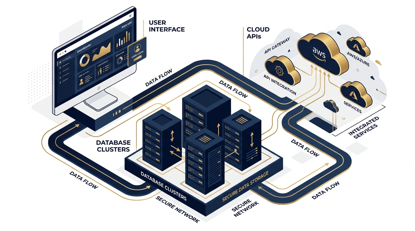 Digital systems illustration connecting a web interface, APIs, data and business workflows